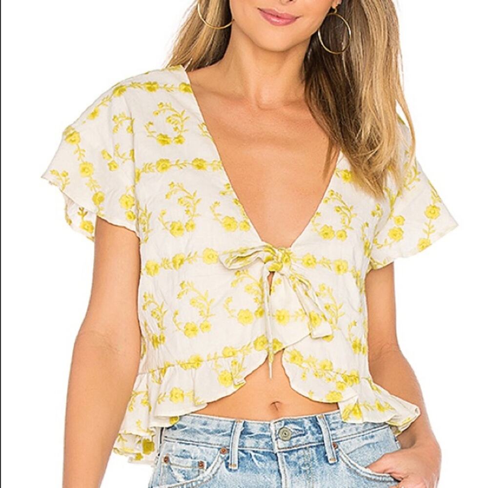 Tularosa Winnie Tie Front Floral Embroidered Top in Citrine